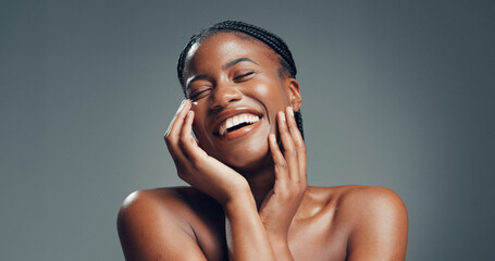 Beauty, laugh or black woman in studio for skincare, facial glow or soft texture for wellness....