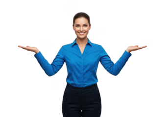 Smiling professional woman in blue shirt and black skirt presenting options with open palms isolated on transparent background
