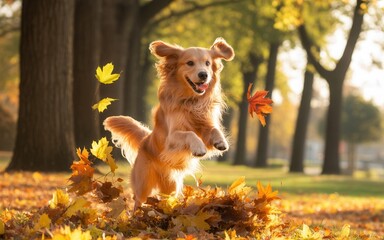 Joyful golden retriever dog leaping through autumn leaves in a sunny park
