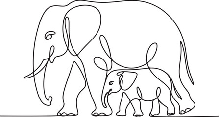 Continuous Line Art Illustration of Mother Elephant and Calf Walking Together
