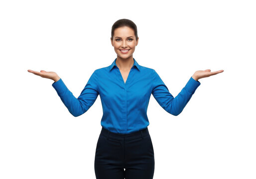 Smiling professional woman in blue shirt and black skirt presenting options with open palms isolated on transparent background