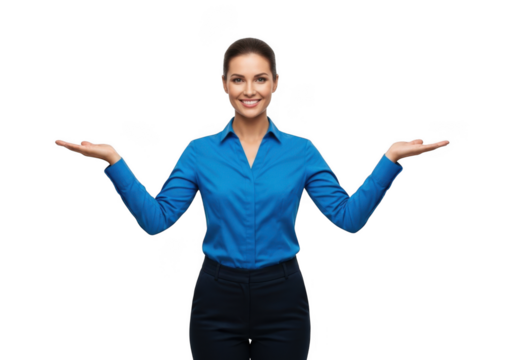 Smiling professional woman in blue shirt and black skirt presenting options with open palms isolated on transparent background
