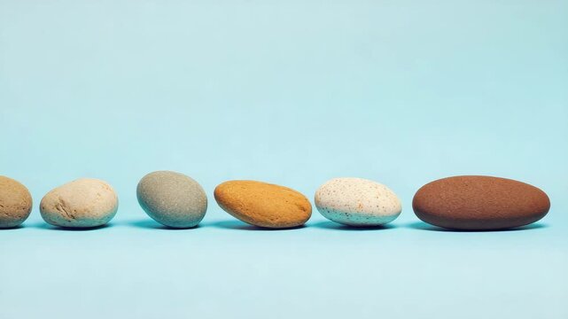 Collection of seashells with different patterns and colors lined up in a row