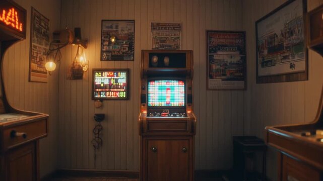 A cozy, dimly lit room featuring multiple vintage wooden arcade machines with glowing screens and retro decor on the walls.