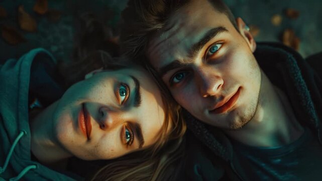 A young couple snuggles closely together amidst a carpet of fallen leaves, their faces illuminated by the warm glow of an autumn afternoon.