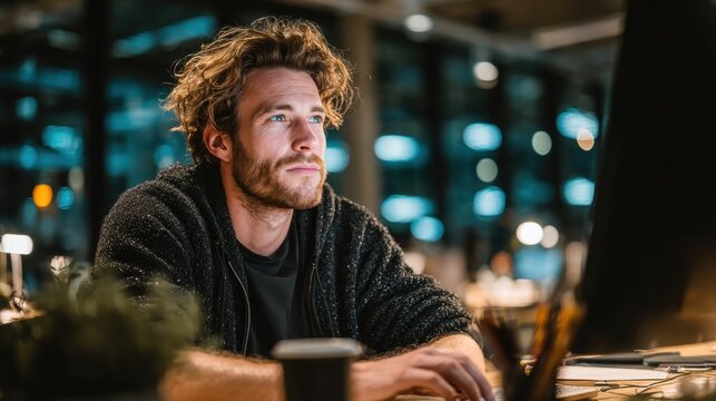 A young man in his 20s or 30s sits at a modern desk in front of a computer, deeply focused on his work.