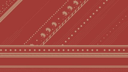 A red and tan patterned textile featuring diagonal stripes, floral motifs, and horizontal borders design