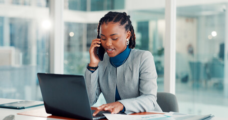 Phone call, business and black woman on laptop in office for contact, investment advice and discussion. Financial advisor, computer and person on smartphone for talking, finance consulting and chat