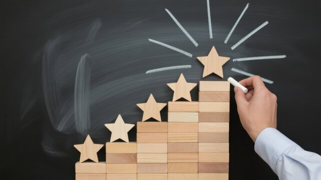 Reaching for Success: Hand places a star on the top of the stair, symbolizing a constant drive to go forward