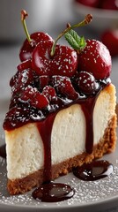 Appetizing slice of cherry cheesecake, professional photography and light, close-up