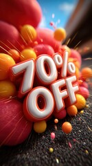 A bright and colorful animated advertisement for a limited time 70% discount, with large exaggerated text "70% OFF"