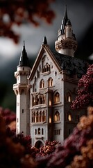 A scene featuring a majestic medieval castle perched atop a hill, surrounded by lush, vibrant autumn trees with deep red and orange foliage.