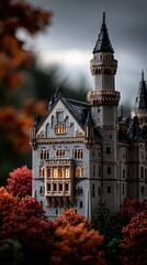 A scene featuring a majestic medieval castle perched atop a hill, surrounded by lush, vibrant autumn trees with deep red and orange foliage.