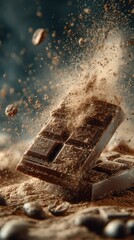 Dark chocolate bar breaking in slow motion, cocoa dust flying, glossy texture