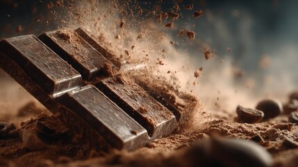Dark chocolate bar breaking in slow motion, cocoa dust flying, glossy texture