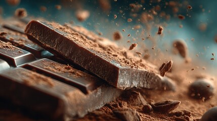 Dark chocolate bar breaking in slow motion, cocoa dust flying, glossy texture