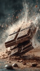 Dark chocolate bar breaking in slow motion, cocoa dust flying, glossy texture