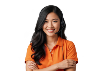 Smiling young asian woman wearing headphones and an orange polo shirt with arms crossed isolated on transparent background