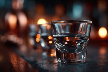 Dynamic photo of 4 blue alcoholic drinks in a clear glass, motion blur and flash effect, vibrant nightlife aesthetic