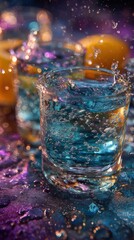 Dynamic photo of 4 blue alcoholic drinks in a clear glass, motion blur and flash effect, vibrant nightlife aesthetic