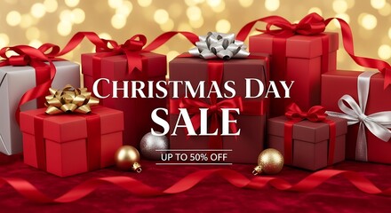 Christmas day sale with red gift boxes and gold ribbons on festive background