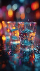 Dynamic photo of 4 blue alcoholic drinks in a clear glass, motion blur and flash effect, vibrant nightlife aesthetic