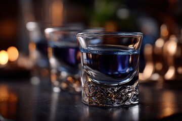 Dynamic photo of 4 blue alcoholic drinks in a clear glass, motion blur and flash effect, vibrant nightlife aesthetic