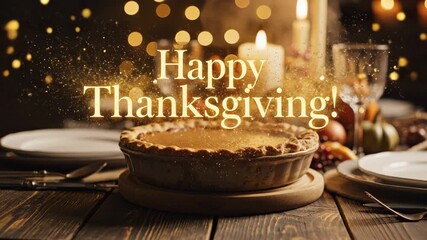 Woman placing pumpkin pie on a rustic table with candles. Happy Thanksgiving greeting with glitter for holiday celebration video.