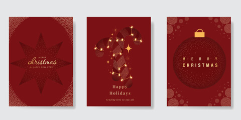 Red Christmas Luxury gold  invitation card design vector. Christmas tree ,deer with gold foil and spot texture on red background. Design illustration for cover, print, poster, ads.