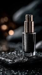A tube of face cream or a bottle of serum on a wet glossy black stone with water droplets