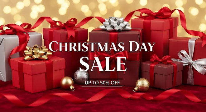 Christmas day sale with red gift boxes and gold ribbons on festive background