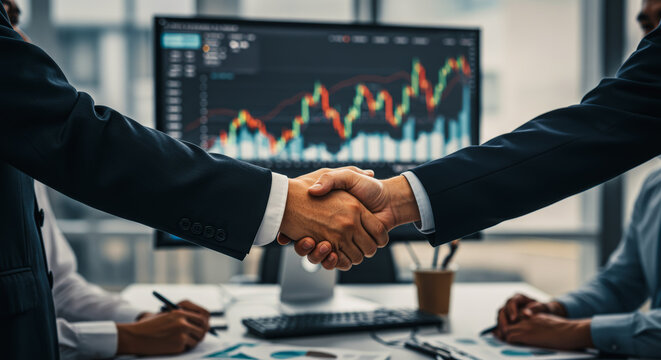 Business partners solidify a successful deal with a firm handshake, with an upward-trending financial graph prominently displayed in the background.