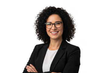 Professional woman with curly hair wearing glasses and a blazer smiling with arms crossed isolated on transparent background