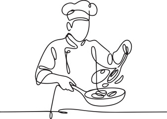 Naklejka premium Continuous Line Art Illustration of Chef Tossing Food in Pan