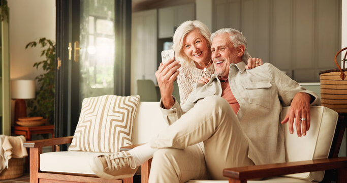 Laughing, relax and selfie with old couple in living room of home together for break or wellness. App, moment and photograph with funny senior people in apartment for bonding, me time or retirement - Powered by Adobe