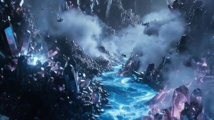 Neon river flowing through crystal canyon with misty atmosphere
- Powered by Adobe