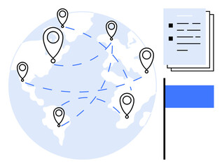 Obraz premium Earth with location markers connected by dotted lines, accompanied by documents and a flag. Ideal for global business, teamwork, logistics, travel planning, project management, collaboration