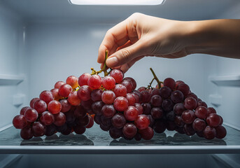Hand Reaching for Grapes Inside Refrigerator &ndash; Fresh Fruit Storage Concept