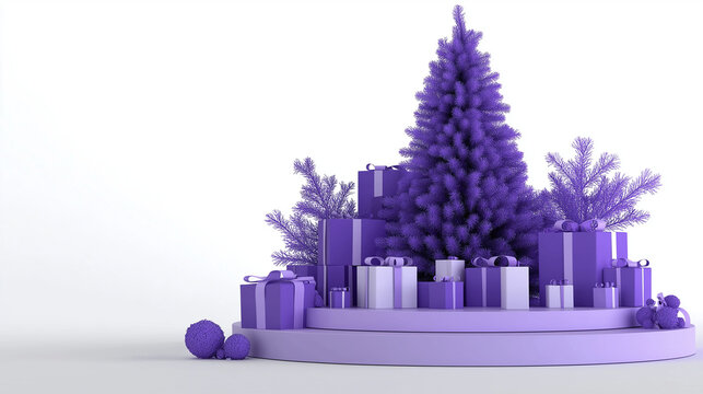 A minimalist holiday scene featuring a vibrant purple Christmas tree and wrapped presents, evoking a sense of festive cheer and the anticipation of giving.