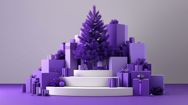 An abstract, stylish purple Christmas tree is the focal point, surrounded by beautifully wrapped gift boxes of varying sizes, the entire arrangement perched on a multi-tiered pedestal.