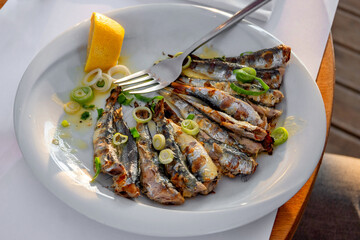 Grilled sardines in olive oil with green onion on plate with sliced lemon on plate.