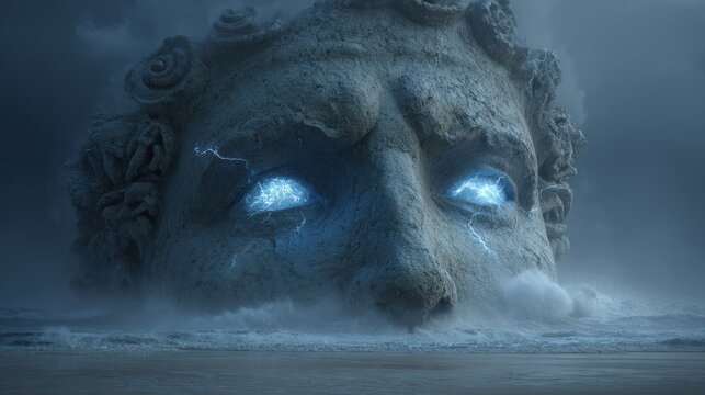 A colossal stone head emerges from stormy sea, electric blue eyes, cloudy sky, eerie