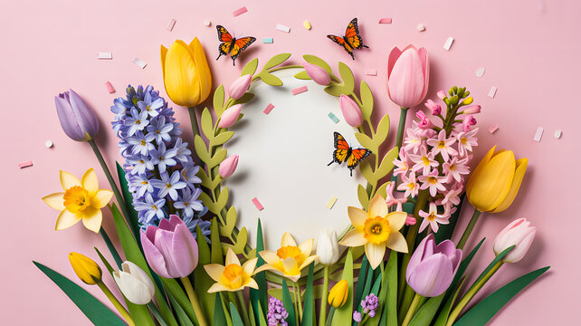 Colorful spring flowers with butterflies on pink background illustration
