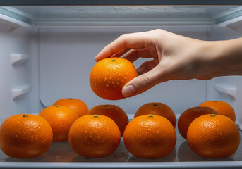 Hand Reaching for Oranges Inside Refrigerator &ndash; Fresh Fruit and Healthy Lifestyle Concept