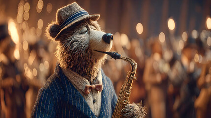 A stylish bear wearing a fedora and a bowtie plays a saxophone in a moody, dimly lit jazz club filled with blurred golden bokeh lights