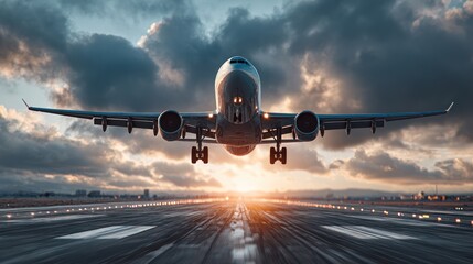 Fototapeta premium A commercial jet takes off from a runway at sunset, captured from the front