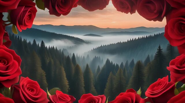 A romantic heart-shaped frame of deep red roses embracing a breathtaking misty mountain landscape at dawn, evoking feelings of love and serenity