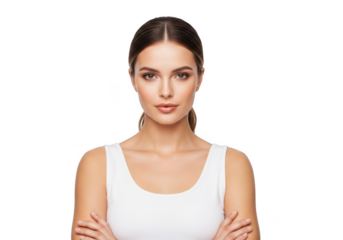 Portrait of a young woman with dark hair wearing a white tank top with arms crossed isolated on transparent background