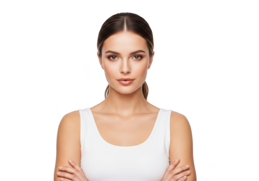 Portrait of a young woman with dark hair wearing a white tank top with arms crossed isolated on transparent background