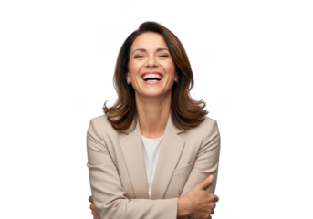 Joyful woman with sparkling eyes and wide smile wearing a light colored blazer isolated on transparent background